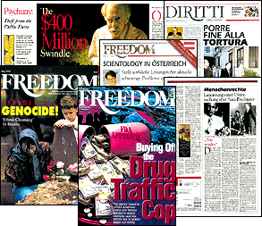 Freedom Magazine covers, published by the Church of Scientology