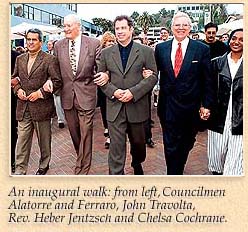 An inaugural walk: from left, Councilmen Alatorre and Ferraro, John Travolta, Rev. Heber Jentzsch and Chelsa Cochrane.