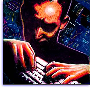 Cartoon of man typing on keyboard