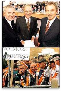 Former Senator Mitchell, Irish Prime Minister Bertie Ahern and British Prime Minister Tony Blair.  Another image with Protestant marchers.