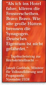 Als ich ins Hotel fahre, klirren die Fensterscheiben. Bravo Bravo. Wie alte große Hütten brennen die Synagogen. Deutsches Eigentum ist nicht gefährdet.-- Tagebucheintrag zur Reichskristallnacht  -- Joseph Goebbels, Minister für Volksaufklärung und Propaganda,  November 1938