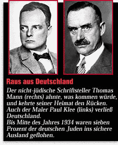 Raus aus Deutschland -- Der nicht-jüdische Schriftsteller Thomas Mann (rechts) ahnte, was kommen würde und kehrte seiner Heimat den Rücken. Auch der Maler Paul Klee (links) verließ Deutschland. Bis Mitte des Jahres 1934 waren sieben Prozent der deutschen Juden ins sichere Ausland geflohen. 